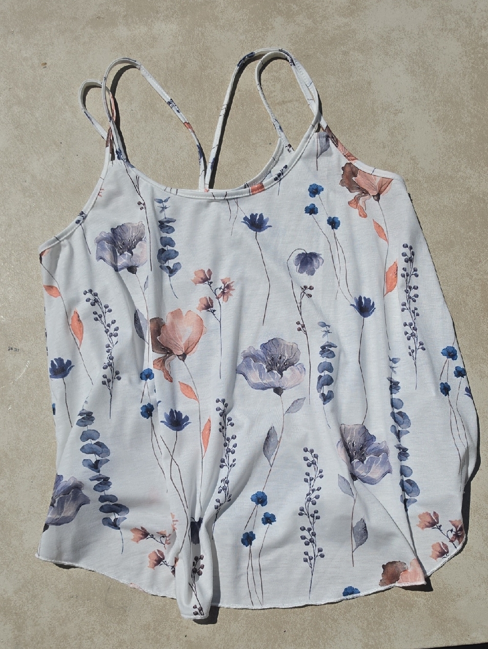 Floral Spaghetti-Strip Tank Top - White with Blue & Pink Floral